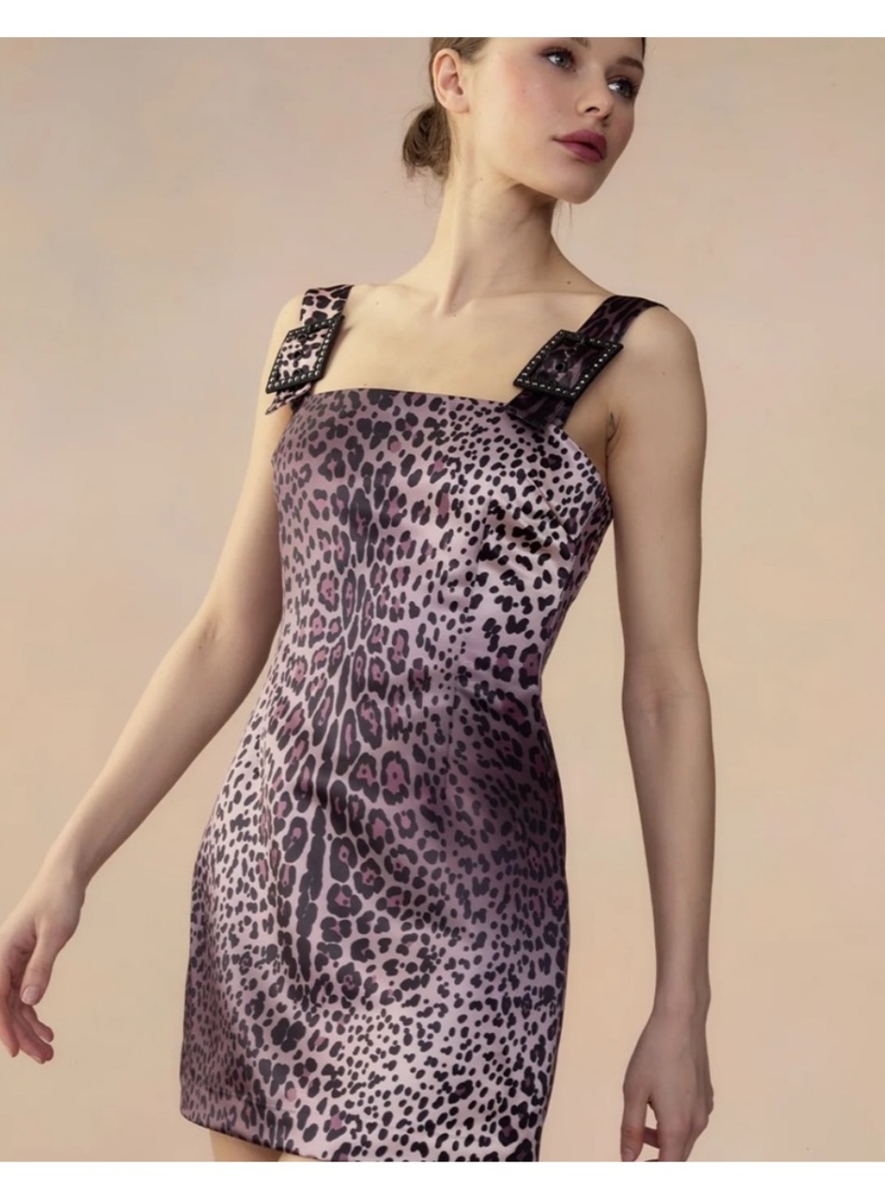 Cynthia Rowley Leopard Satin Mini Dress with Buckle Straps